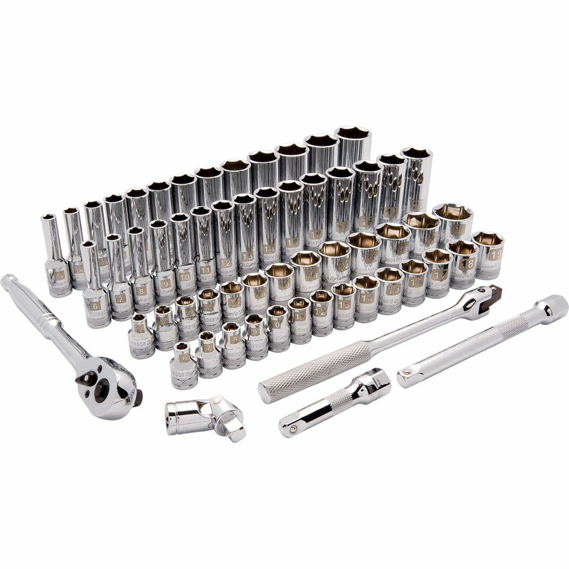3/8" Drive 60pc 6-Point Standard/Deep SAE/Metric Socket Set, 1/4" - 1", 6mm - 20mm
